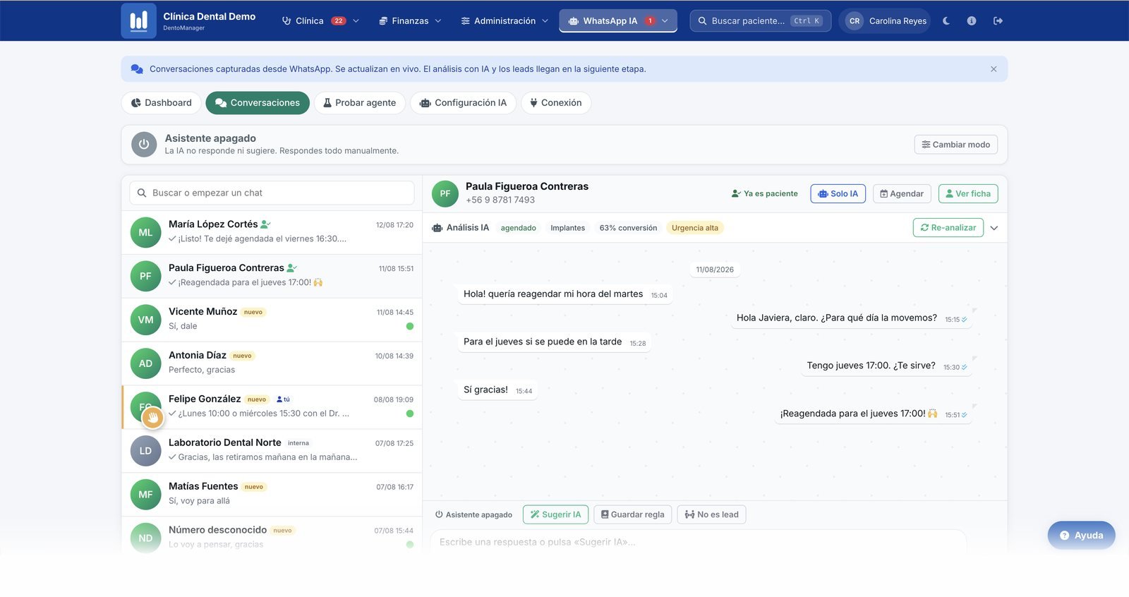 Bandeja del agente de WhatsApp en DentoManager: la conversación con una paciente que pidió reagendar, resuelta y confirmada, y arriba el análisis con el tratamiento que busca, la probabilidad de que agende y la urgencia.